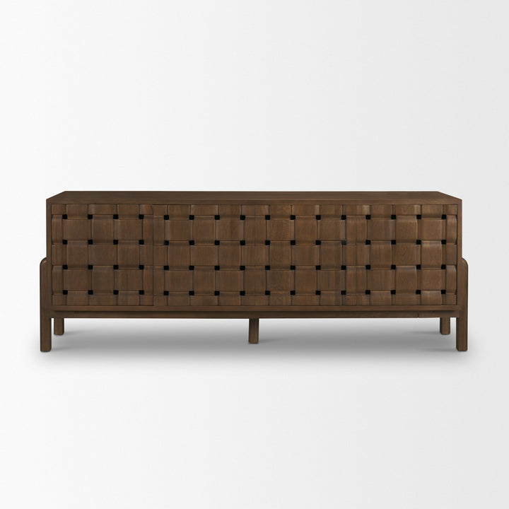 Trellyn Dark Brown Solid Wood 4-Door w/ Carved Woven Doors Closed Sideboard Dining Room Mercana