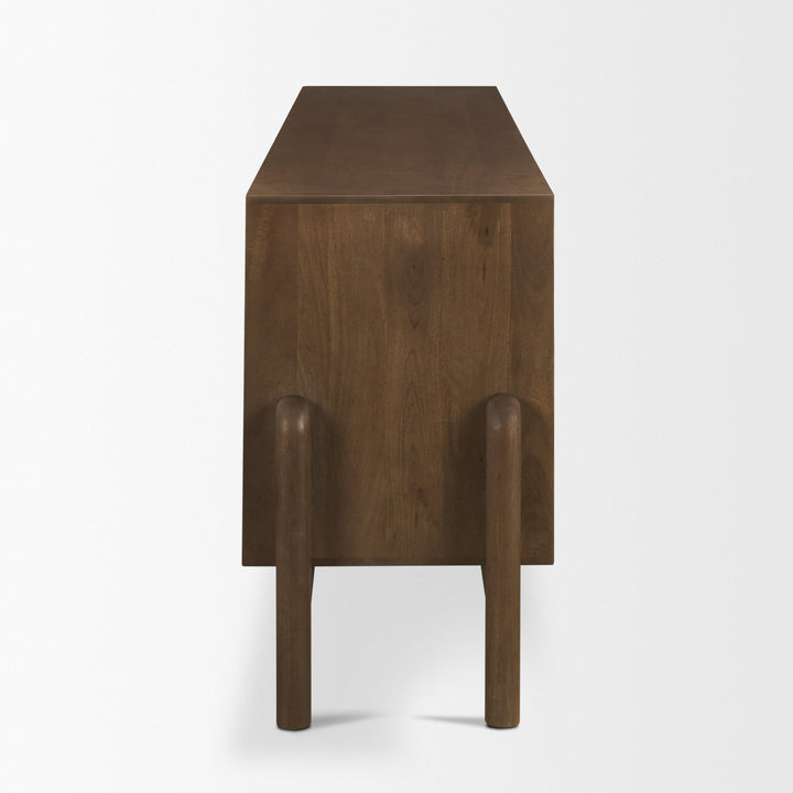 Trellyn Dark Brown Solid Wood 4-Door w/ Carved Woven Doors Closed Sideboard Dining Room Mercana