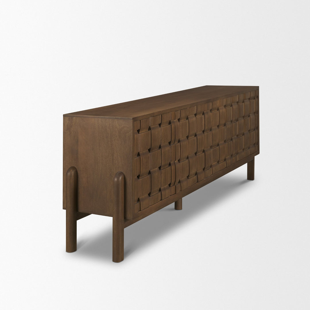 Trellyn Dark Brown Solid Wood 4-Door w/ Carved Woven Doors Closed Sideboard Dining Room Mercana