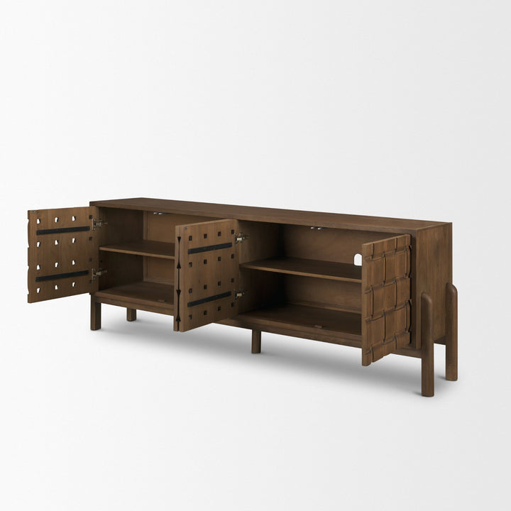 Trellyn Dark Brown Solid Wood 4-Door w/ Carved Woven Doors Closed Sideboard Dining Room Mercana