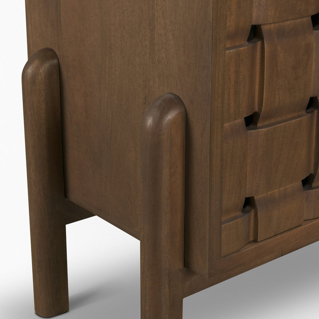 Trellyn Dark Brown Solid Wood 4-Door w/ Carved Woven Doors Closed Sideboard Dining Room Mercana