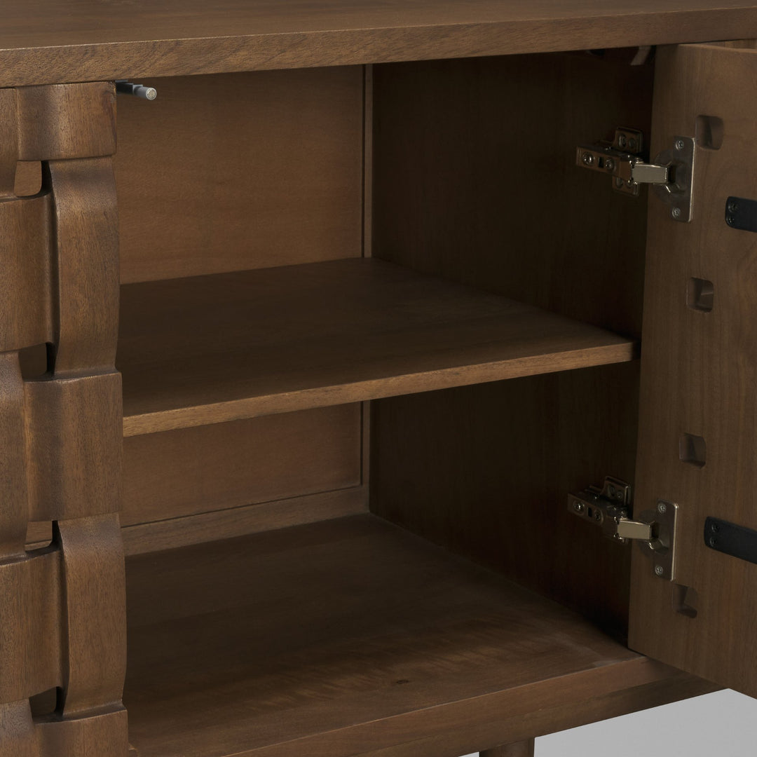 Trellyn Dark Brown Solid Wood 4-Door w/ Carved Woven Doors Closed Sideboard Dining Room Mercana