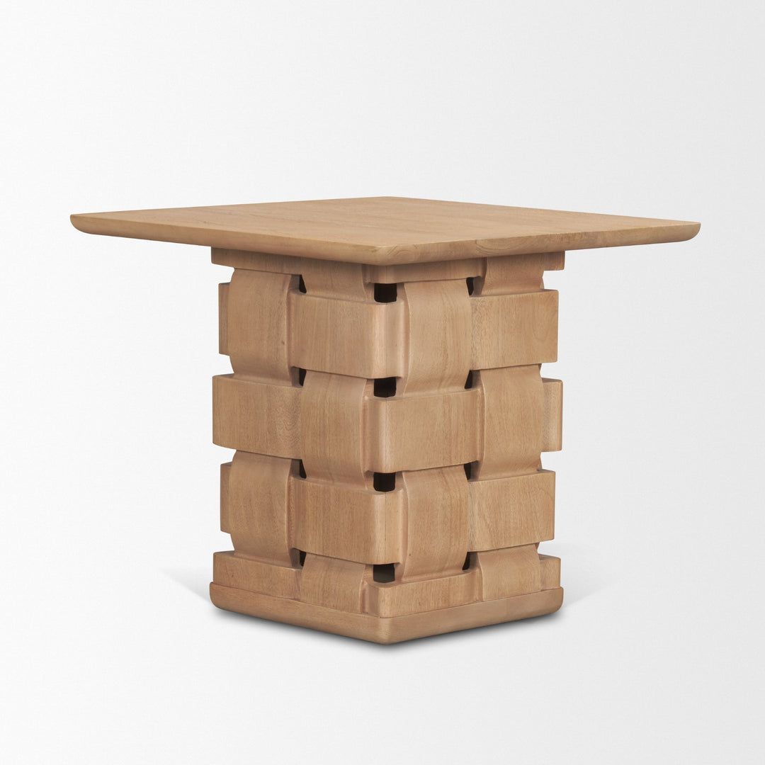 Trellyn Light Brown Wood w/ Carved Woven Base Square Accent Table Dining Room Mercana