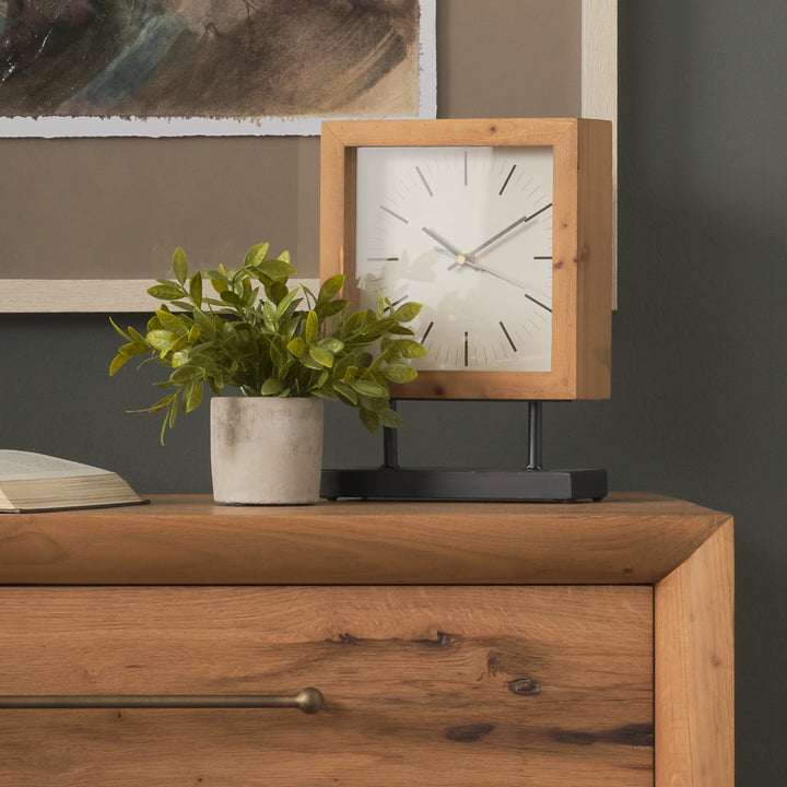 Renaya Light Brown Wood w/ Matte Black Metal Base Table Clock Decor Mercana