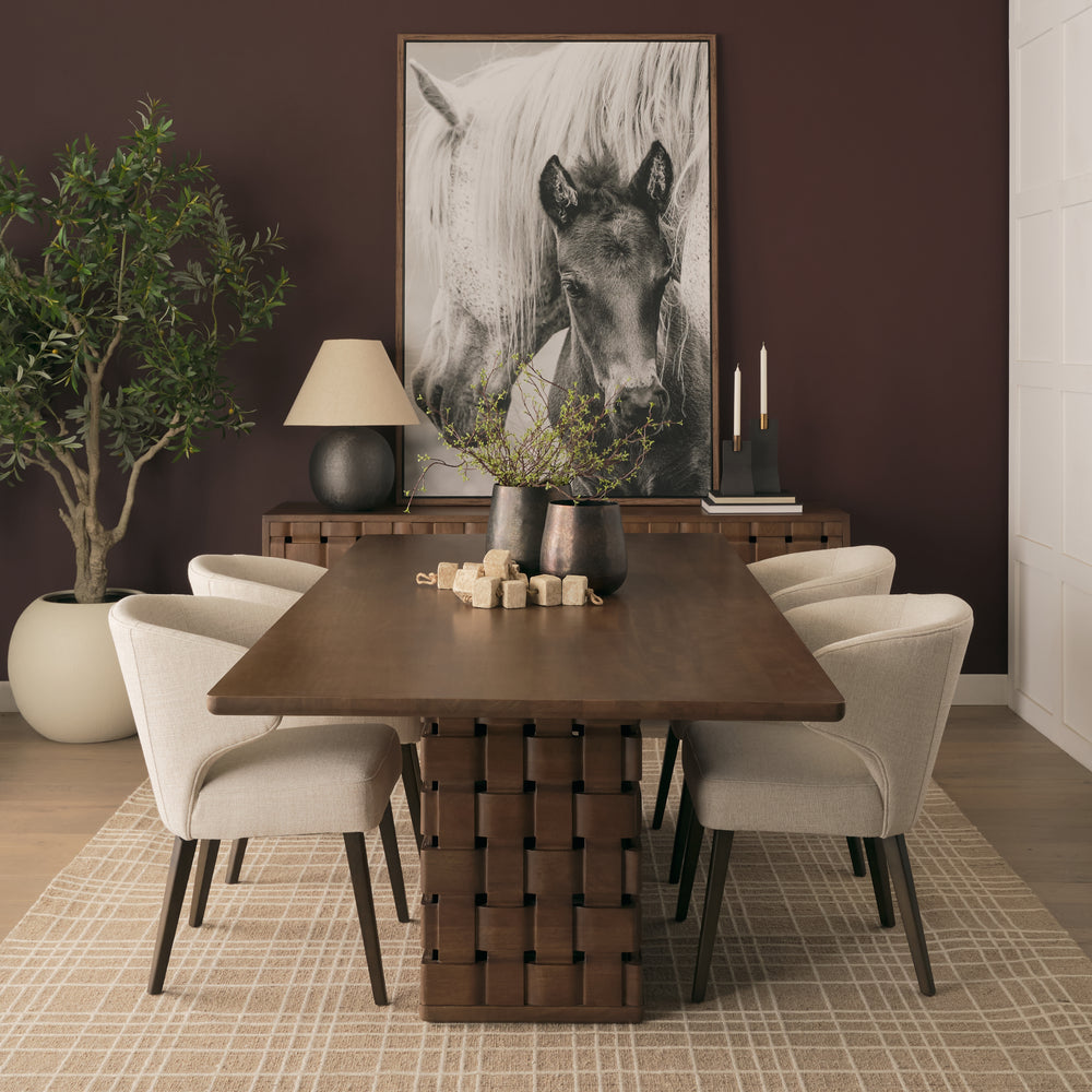 Trellyn 94" Dark Brown Solid Wood Carved Woven Base Rectangular Dining Table Dining Room Mercana