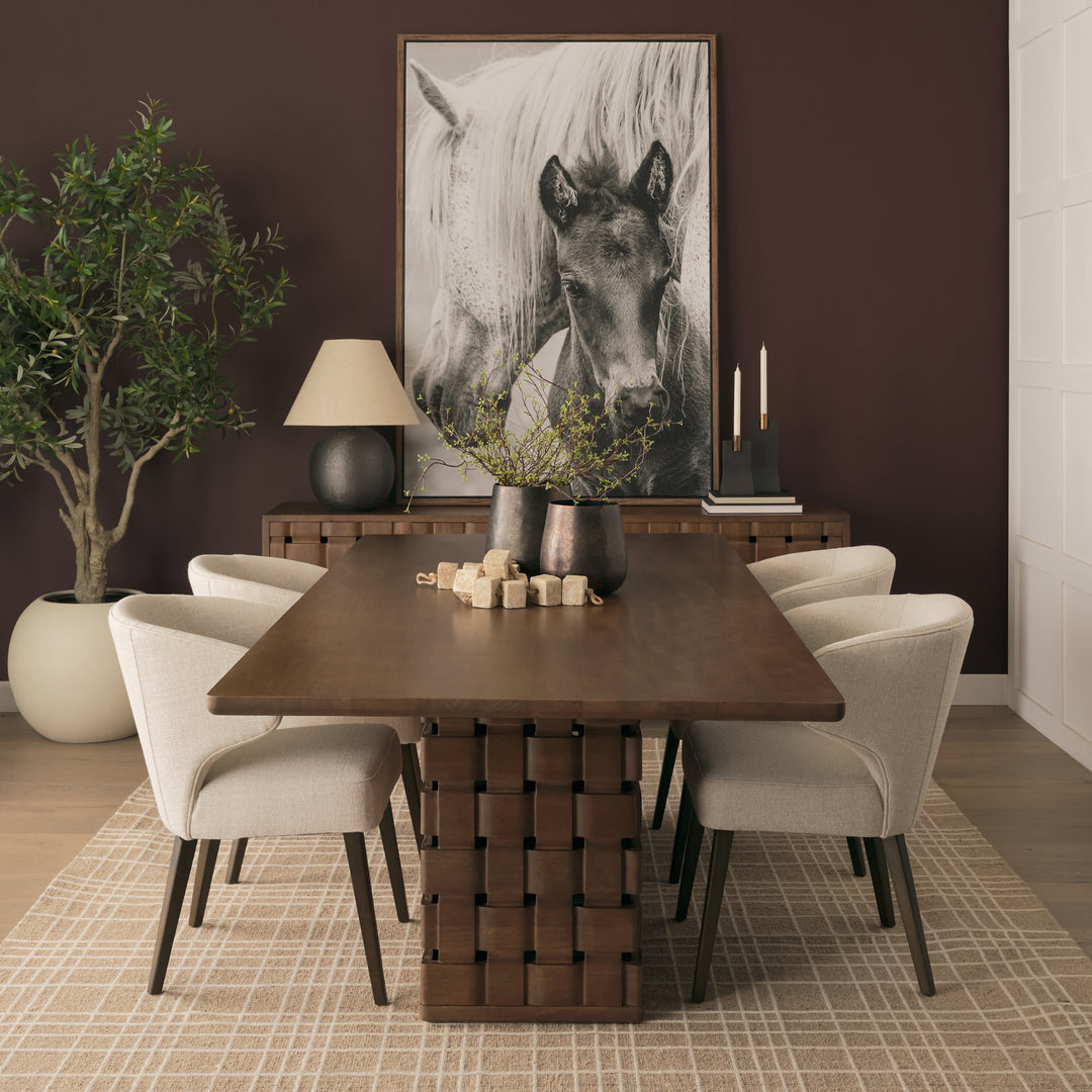 Trellyn 94" Dark Brown Solid Wood Carved Woven Base Rectangular Dining Table Dining Room Mercana