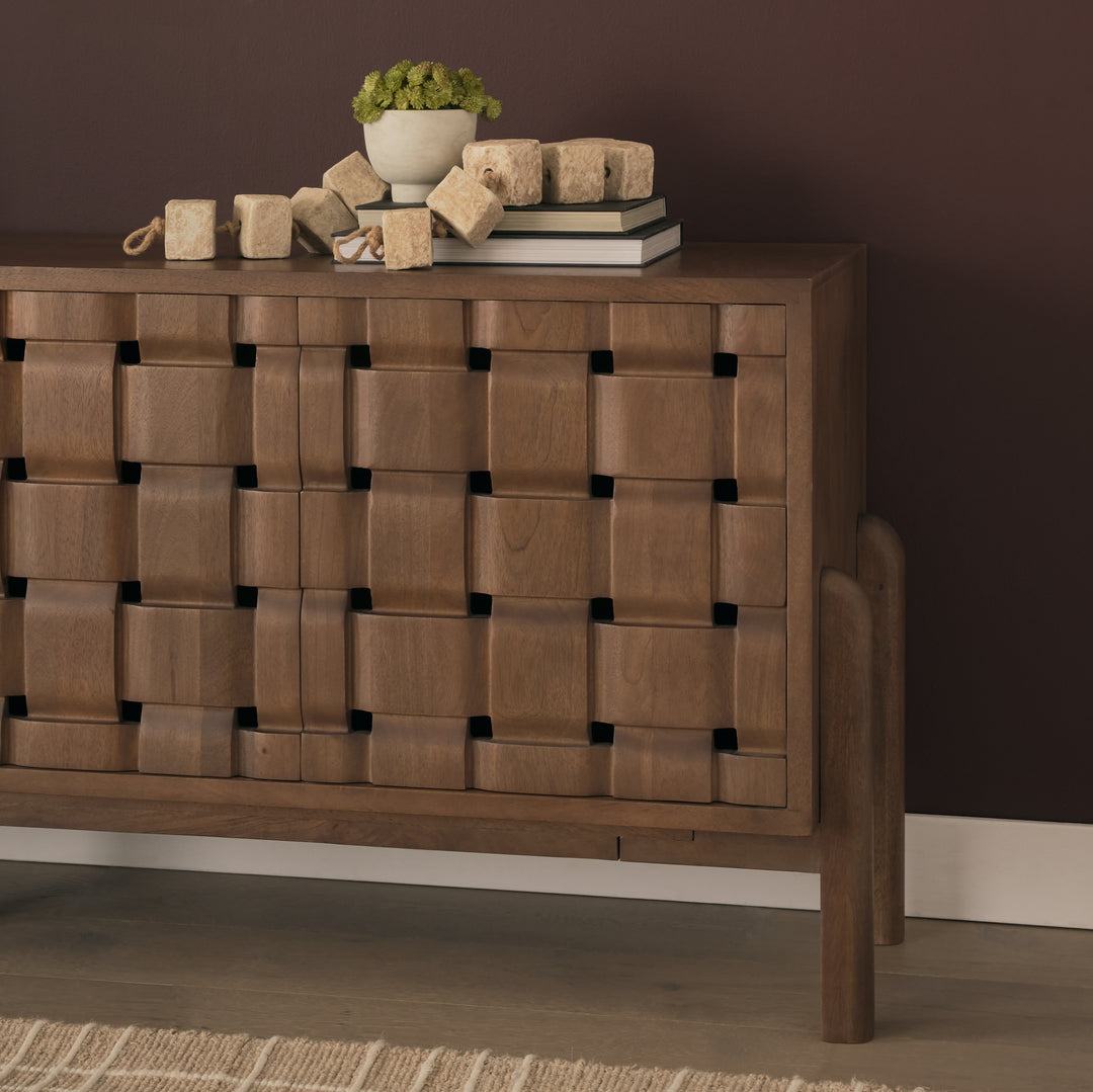 Trellyn Dark Brown Solid Wood 4-Door w/ Carved Woven Doors Closed Sideboard Dining Room Mercana