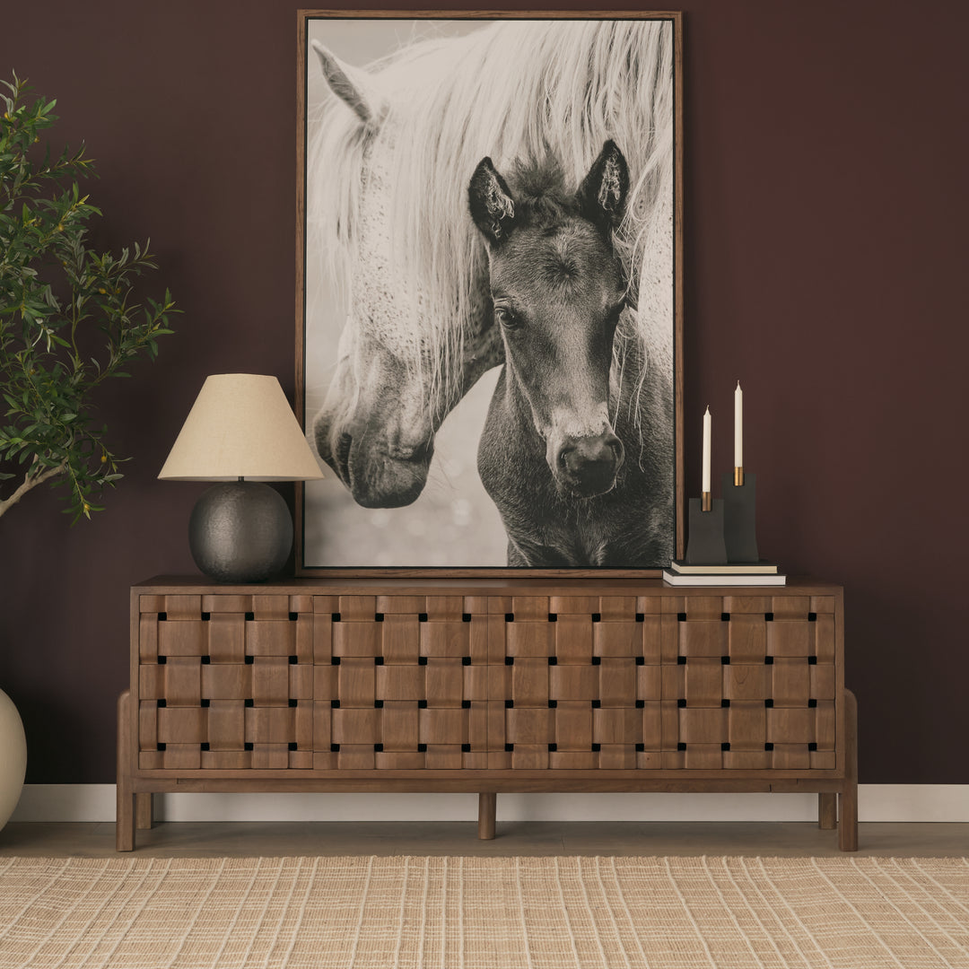 Trellyn Dark Brown Solid Wood 4-Door w/ Carved Woven Doors Closed Sideboard Dining Room Mercana