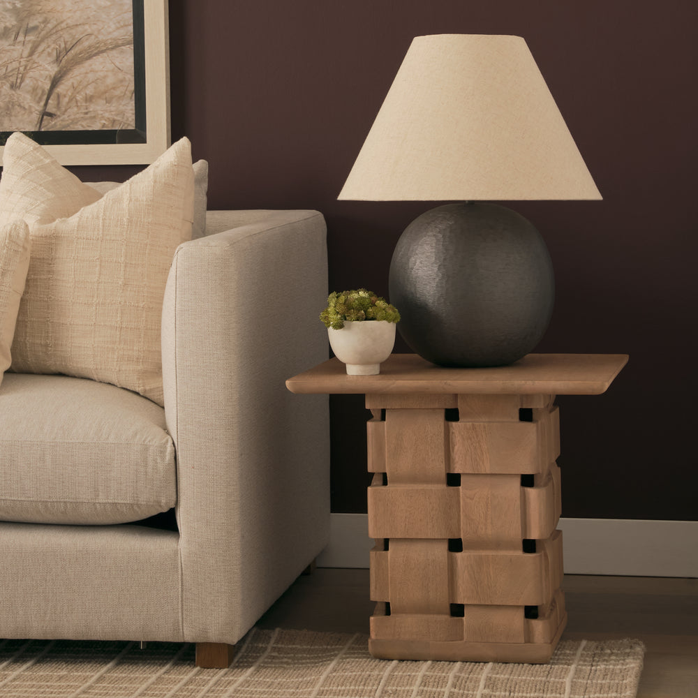Trellyn Light Brown Wood w/ Carved Woven Base Square Accent Table Dining Room Mercana