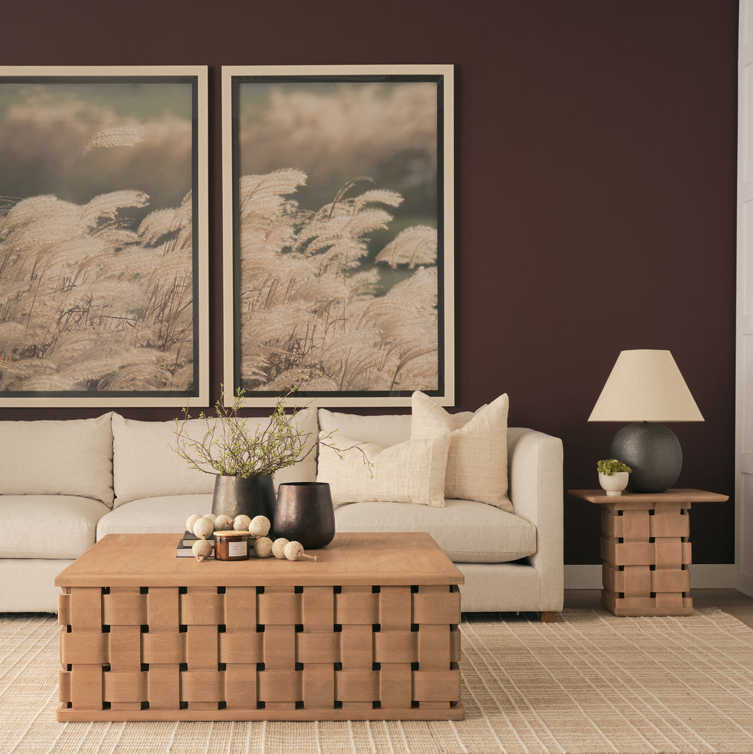 Trellyn 48" Light Brown Wood w/ Carved Woven Base Square Coffee Table Living Room Mercana