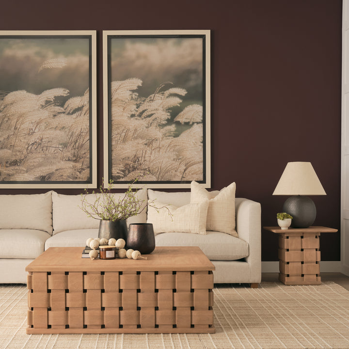 Trellyn 48" Light Brown Wood w/ Carved Woven Base Square Coffee Table Living Room Mercana