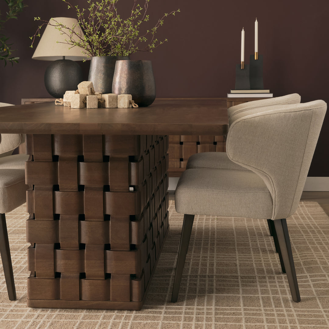 Trellyn 94" Dark Brown Solid Wood Carved Woven Base Rectangular Dining Table Dining Room Mercana