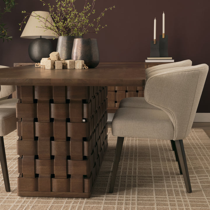 Trellyn 94" Dark Brown Solid Wood Carved Woven Base Rectangular Dining Table Dining Room Mercana