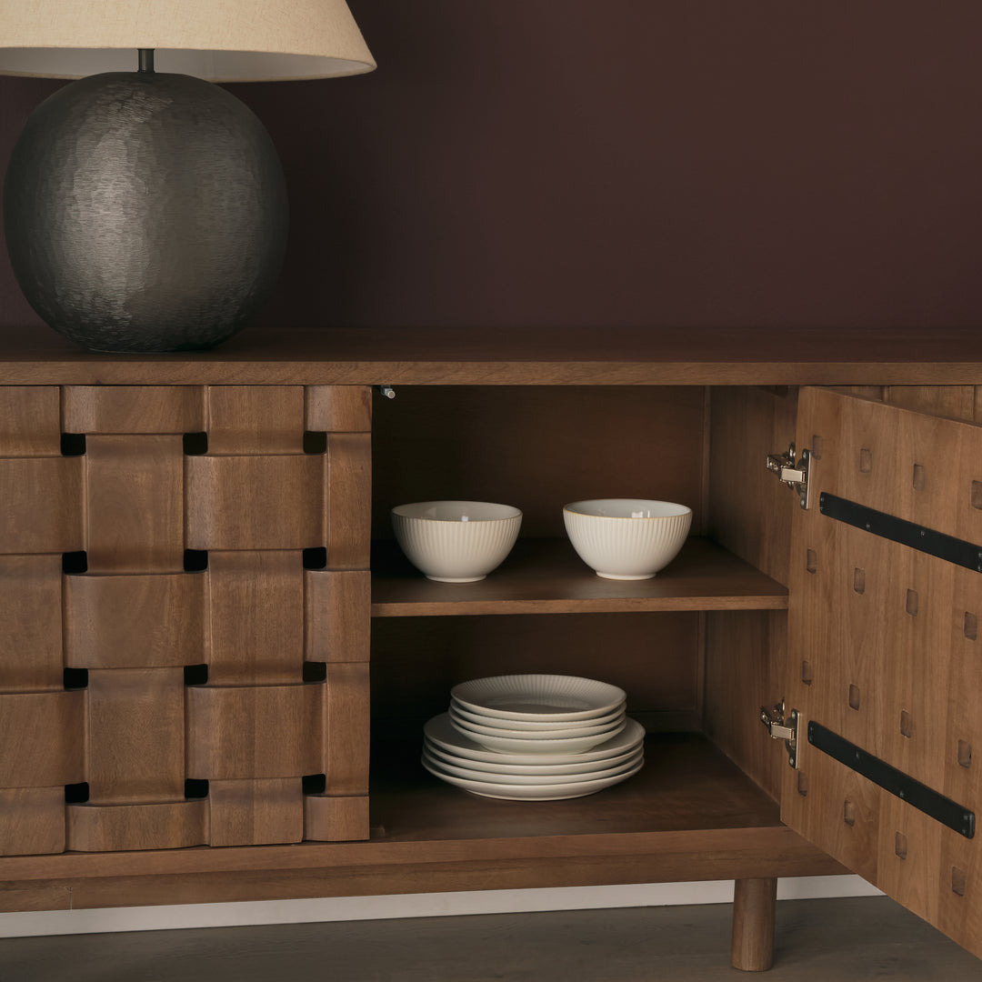 Trellyn Dark Brown Solid Wood 4-Door w/ Carved Woven Doors Closed Sideboard Dining Room Mercana