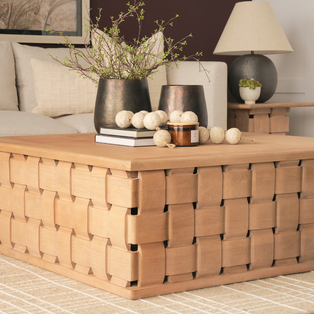 Trellyn 48" Light Brown Wood w/ Carved Woven Base Square Coffee Table Living Room Mercana