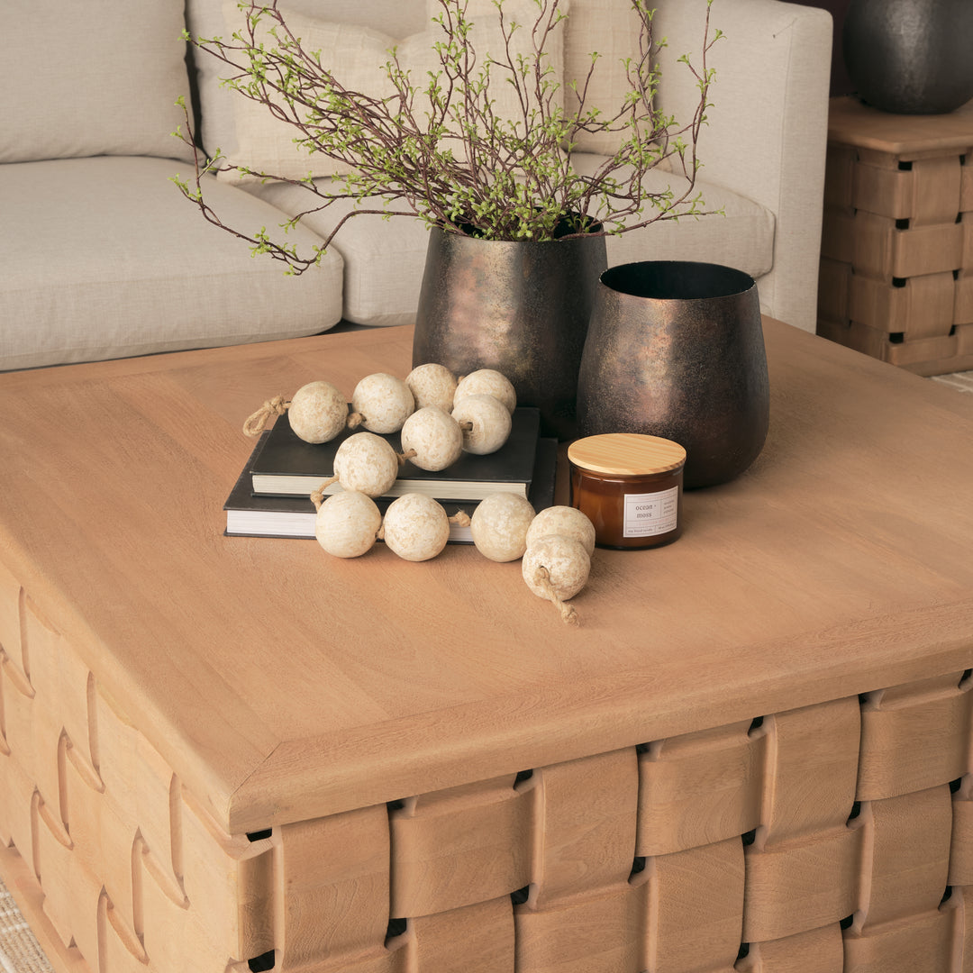 Trellyn 48" Light Brown Wood w/ Carved Woven Base Square Coffee Table Living Room Mercana