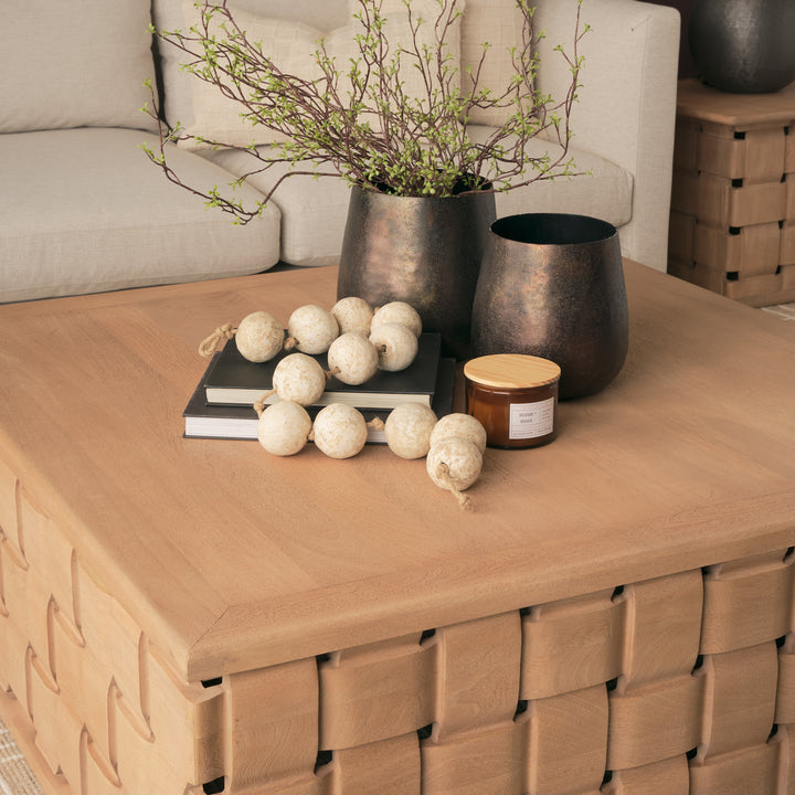Trellyn 48" Light Brown Wood w/ Carved Woven Base Square Coffee Table Living Room Mercana