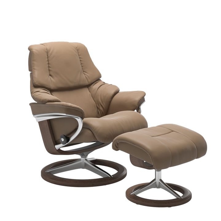 Stressless Reno Signature Chair & Ottoman Living Room Ekornes Small Paloma Almond Walnut Stain