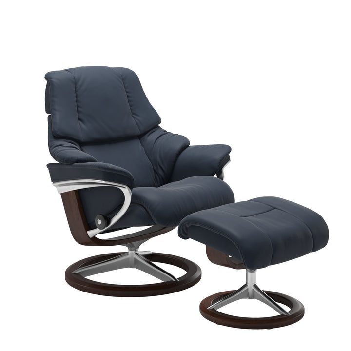 Stressless Reno Signature Chair & Ottoman Living Room Ekornes Small Paloma Oxford Blue Brown Stain