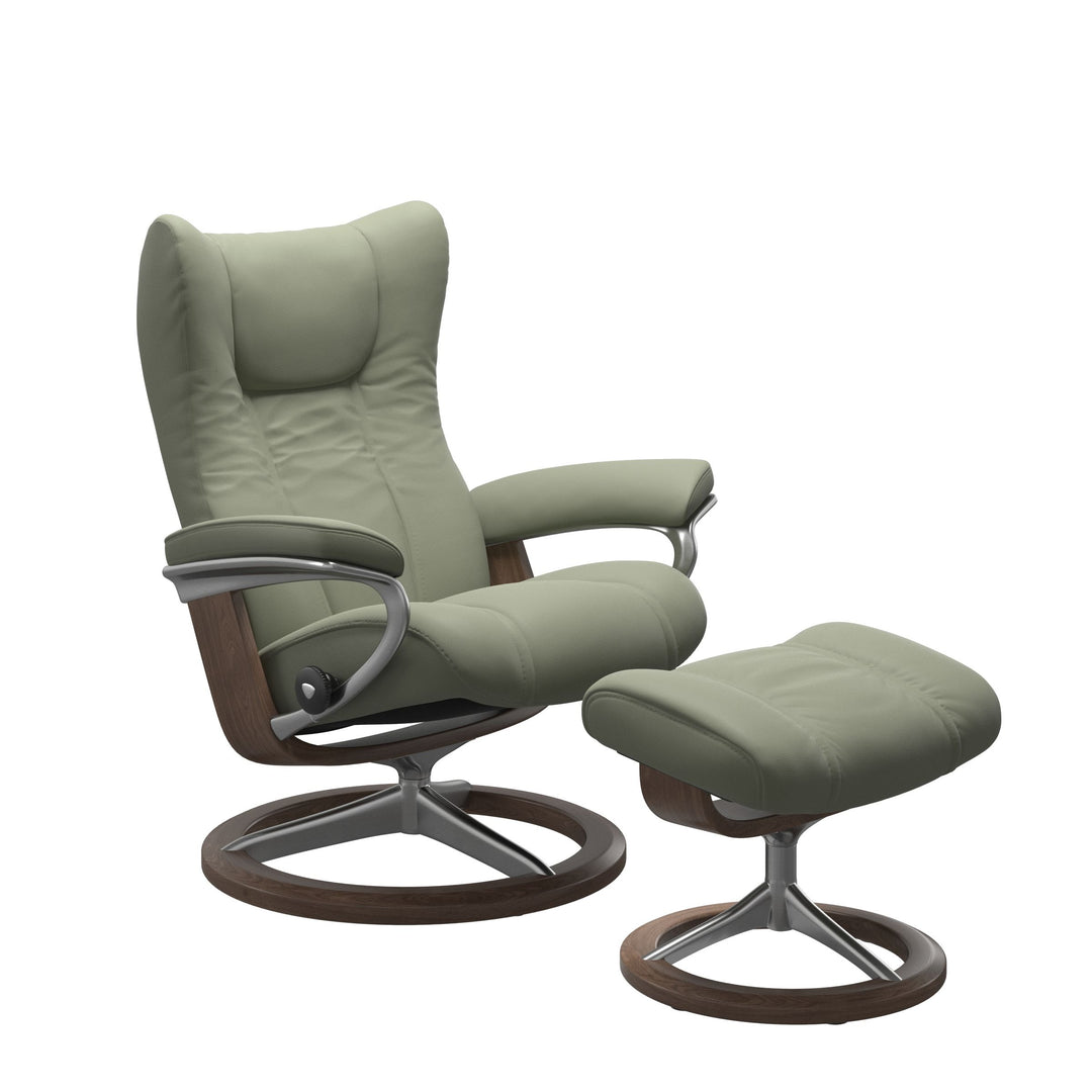 Stressless Wing Signature Chair & Ottoman Living Room Ekornes Small Paloma Shadow Green Walnut Finish