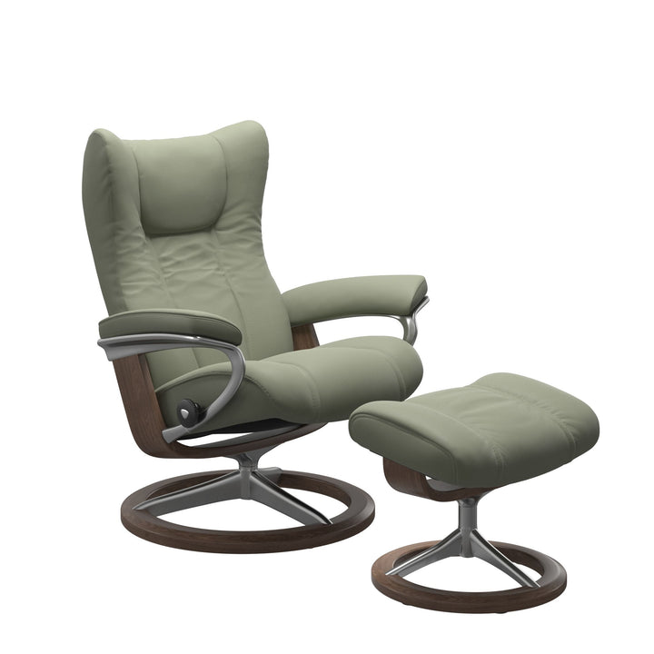 Stressless Wing Signature Chair & Ottoman Living Room Ekornes Small Paloma Shadow Green Walnut Finish