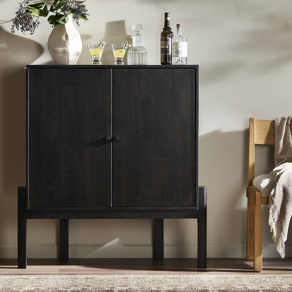 Reza Bar Cabinet, Worn Black Dining Room Four Hands   