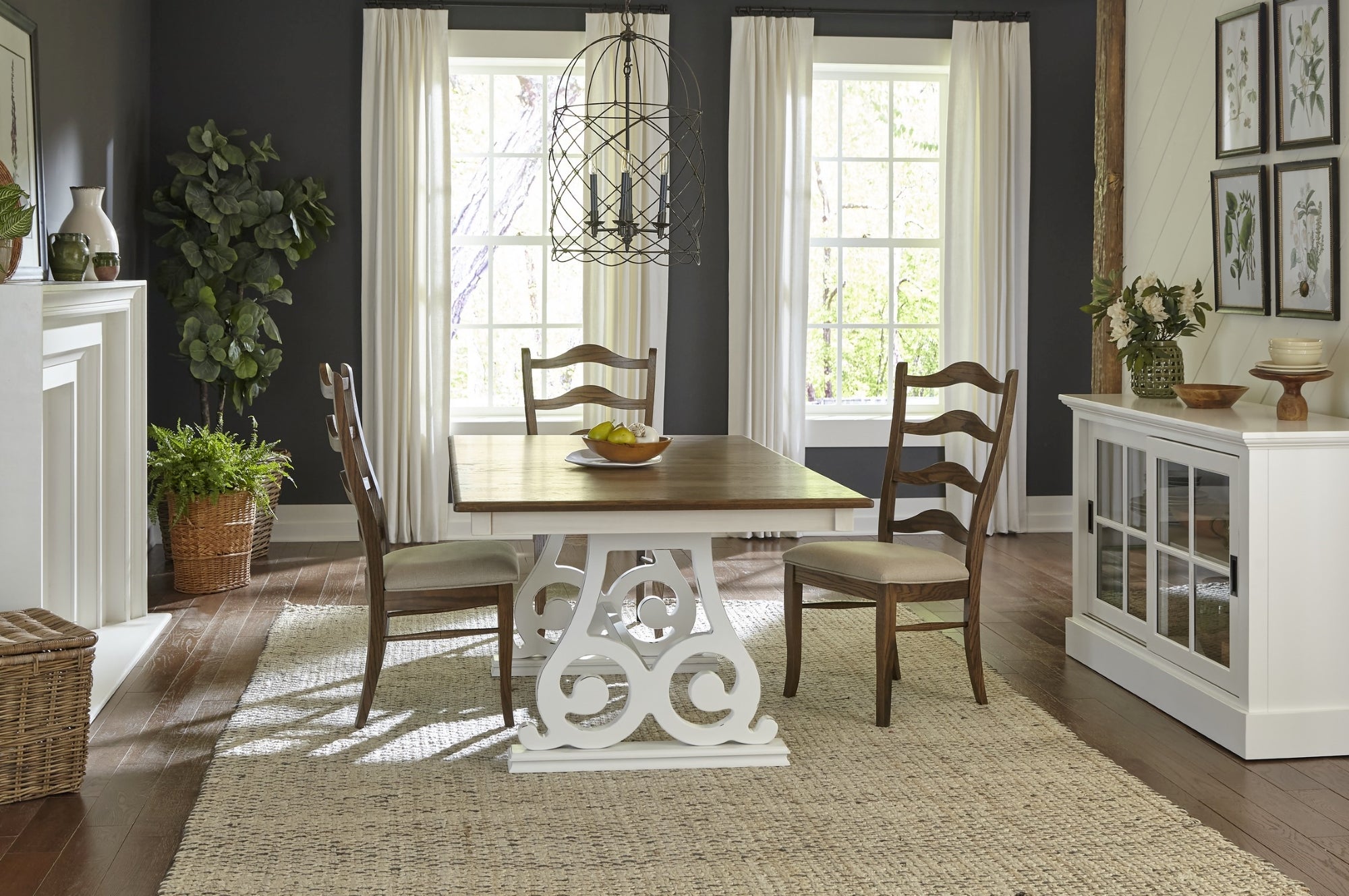 traditional style, two-tone dining table with four dark wood dining chairs