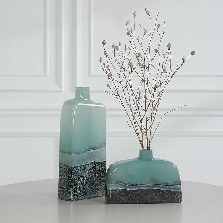 Fuze Aqua & Bronze Vases Set Of 2 Accessories Uttermost