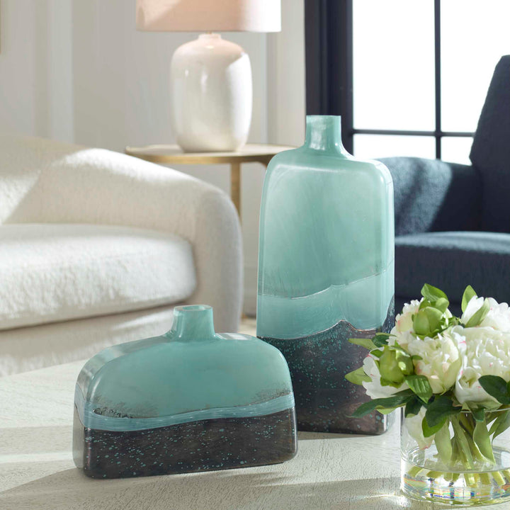 Fuze Aqua & Bronze Vases Set Of 2 Accessories Uttermost