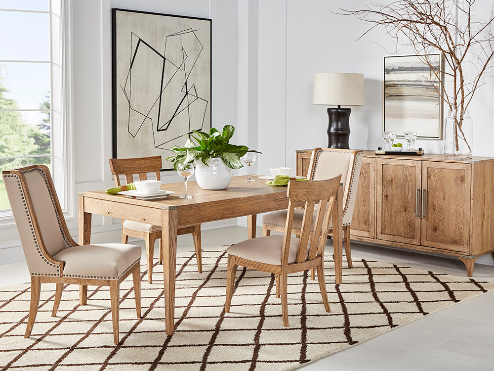 A.R.T. Furniture dining room scene featuring a light wood dining table, chairs, and sideboard from the Passage collection.