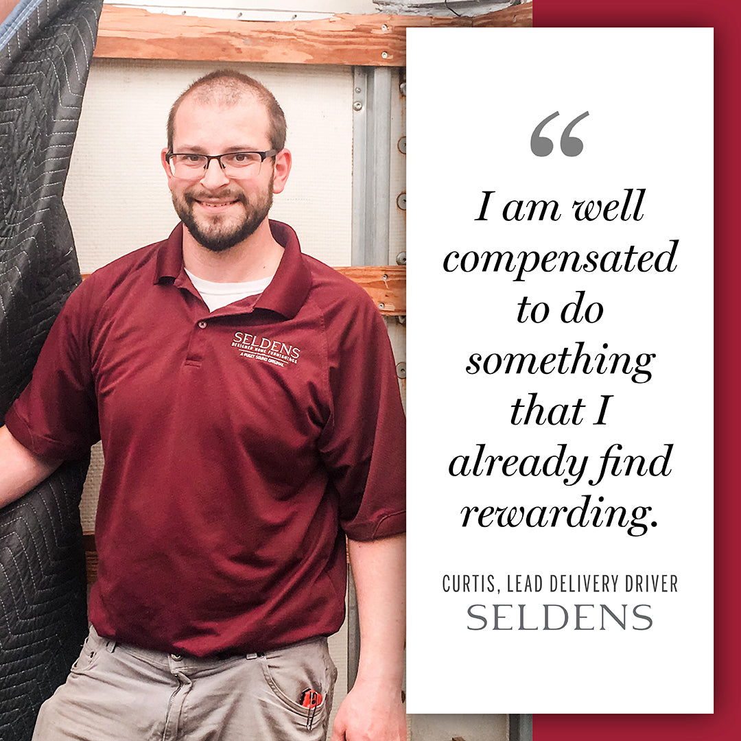 Headshot of Curtis Croteau, warehouse employee at Seldens with a quote that says I am well compensated to do something that I already find rewarding.