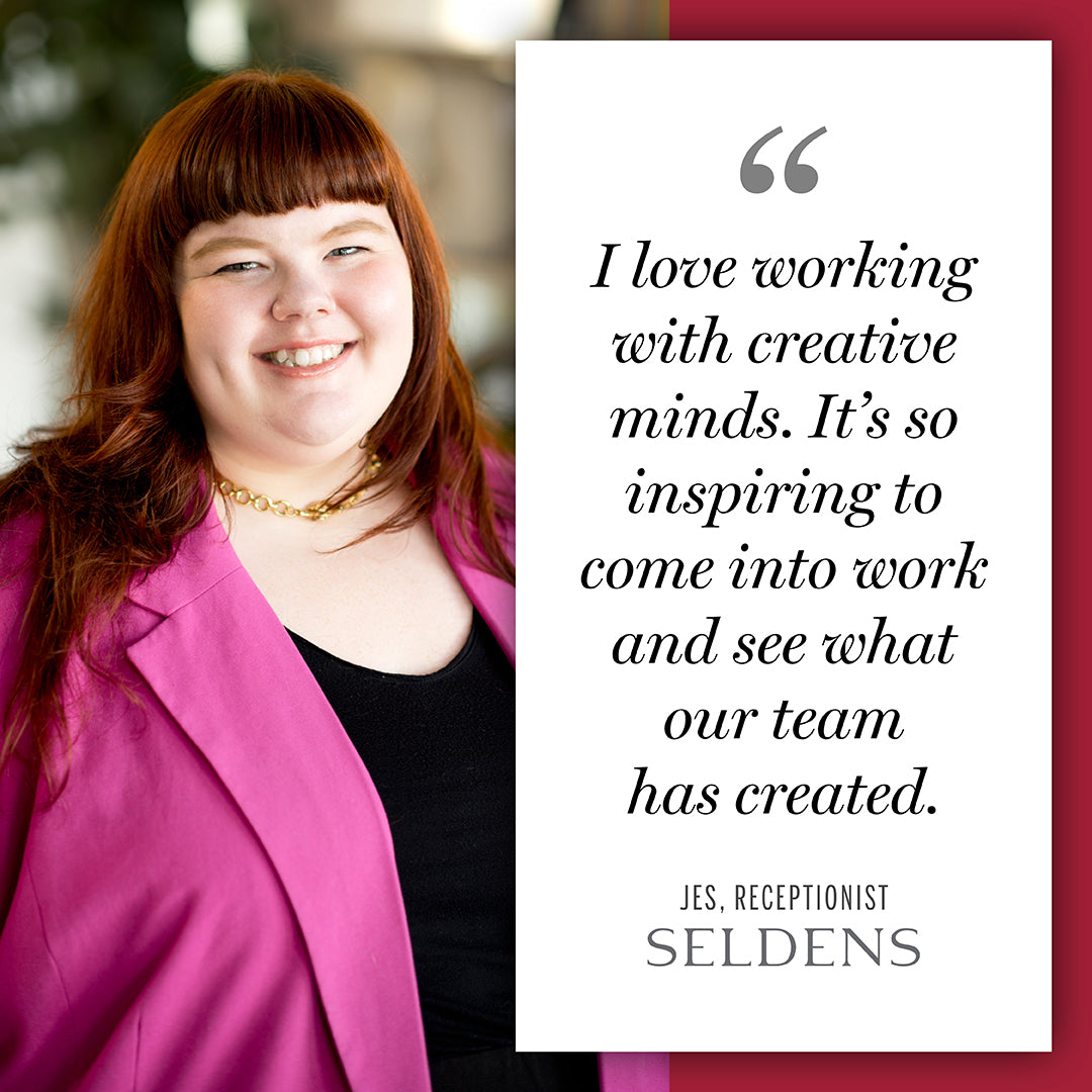 Headshot of Jes Dickins, interior designer at Bassett Tacoma with a quote that says I love working with creative minds. It's so inspiring to come into work and see what our team has created.