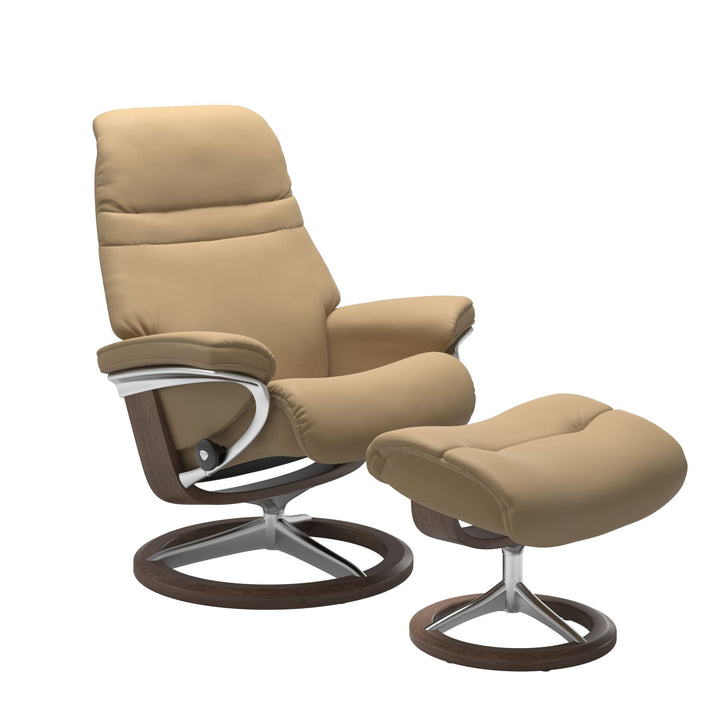 Stressless Sunrise Signature Chair & Ottoman Living Room Ekornes Small Paloma Sand Walnut Stain