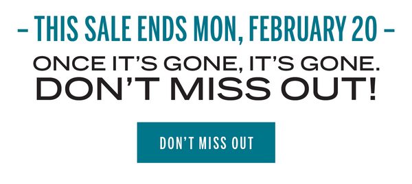 WHITE BACKGROUND WITH BLUE AND BLACK TEXT SAYS THIS SALE ENDS MONDAY FEBRUARY 20. ONCE IT'S GONE, IT'S GONE. DON'T MISS OUT!