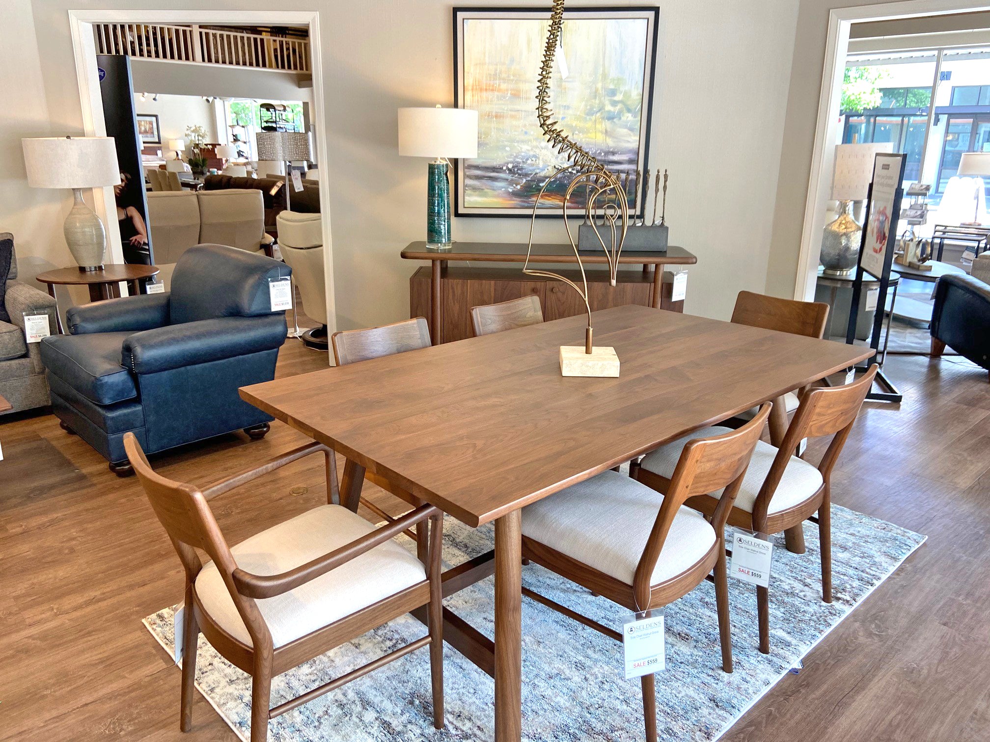 A dining room setup in the Seldens furniture showroom in Olympia, Washington.