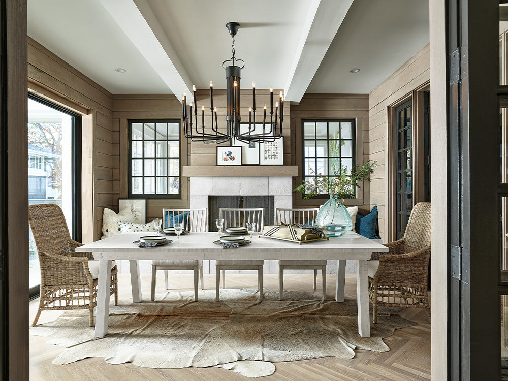 A modern farmhouse style dining room scene from Universal furniture.