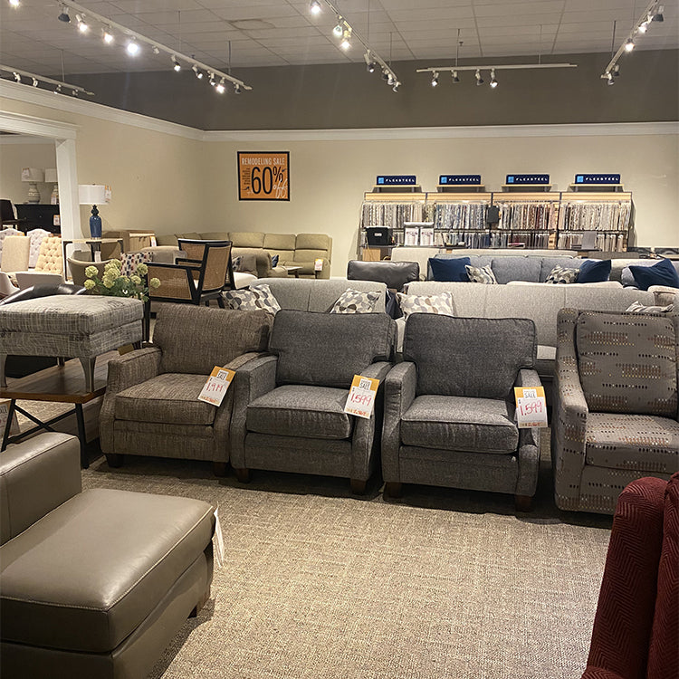 Seldens Sleep Gallery Remodel Clearance Sale room with various fabric armchairs