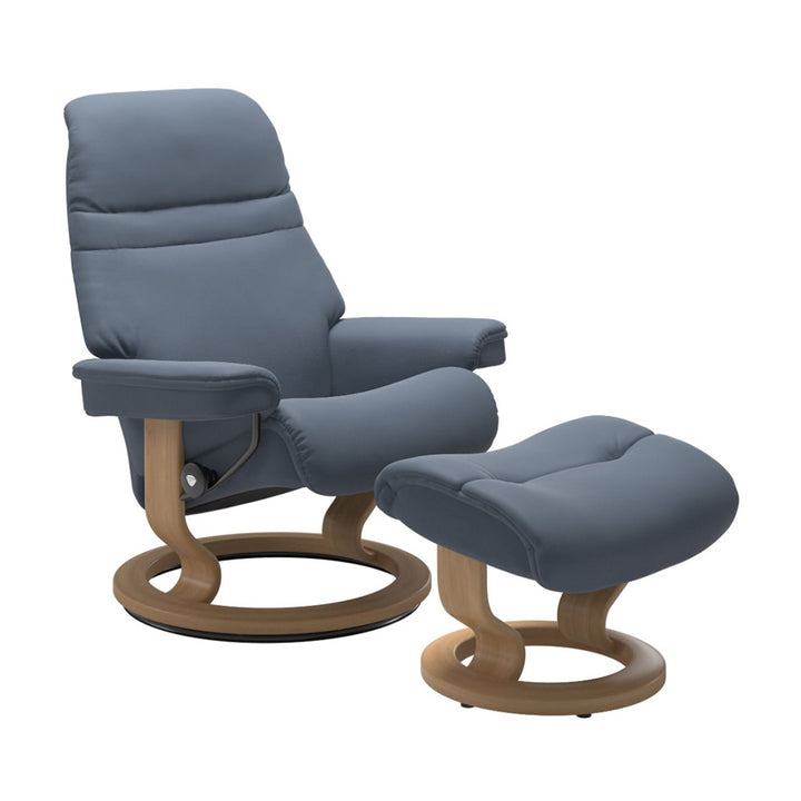 Stressless Sunrise Classic Chair & Ottoman Living Room Ekornes Large Paloma Sparrow Blue Oak