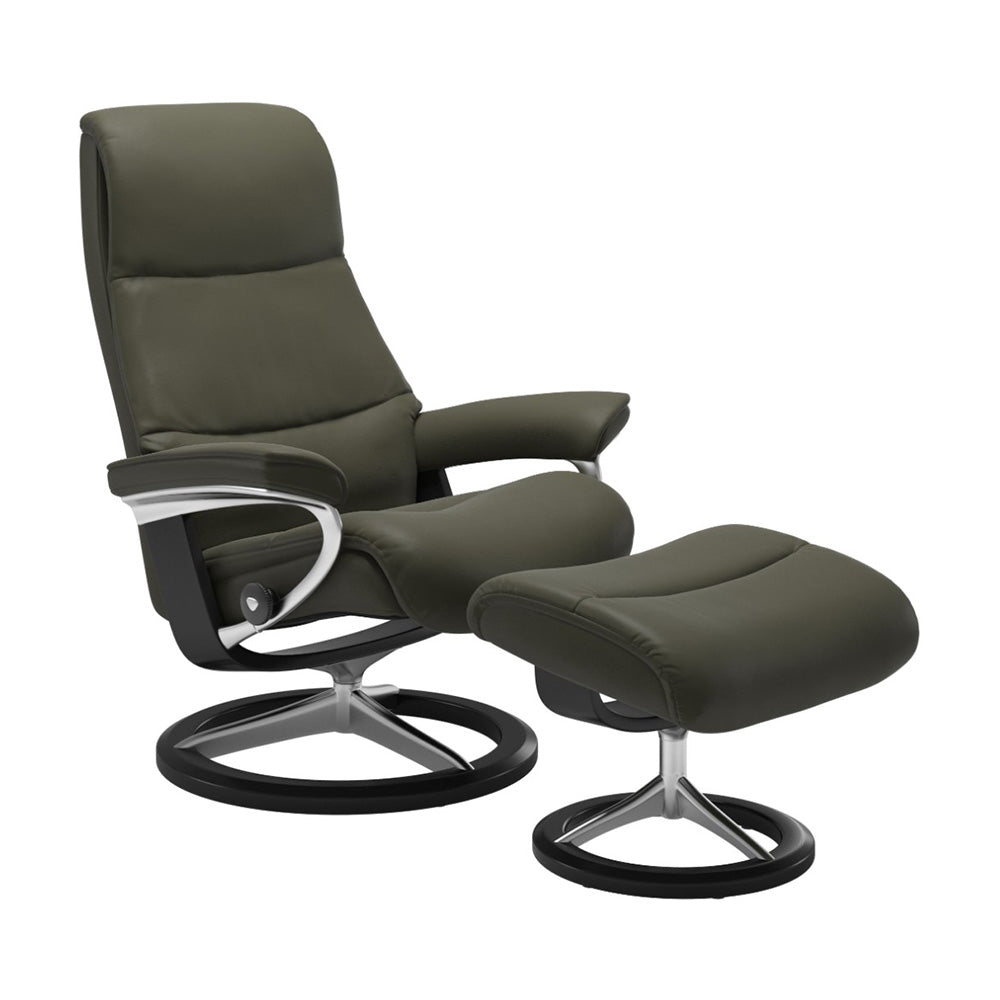 Stressless View Signature Chair & Ottoman Living Room Ekornes Large Paloma Dark Olive Black